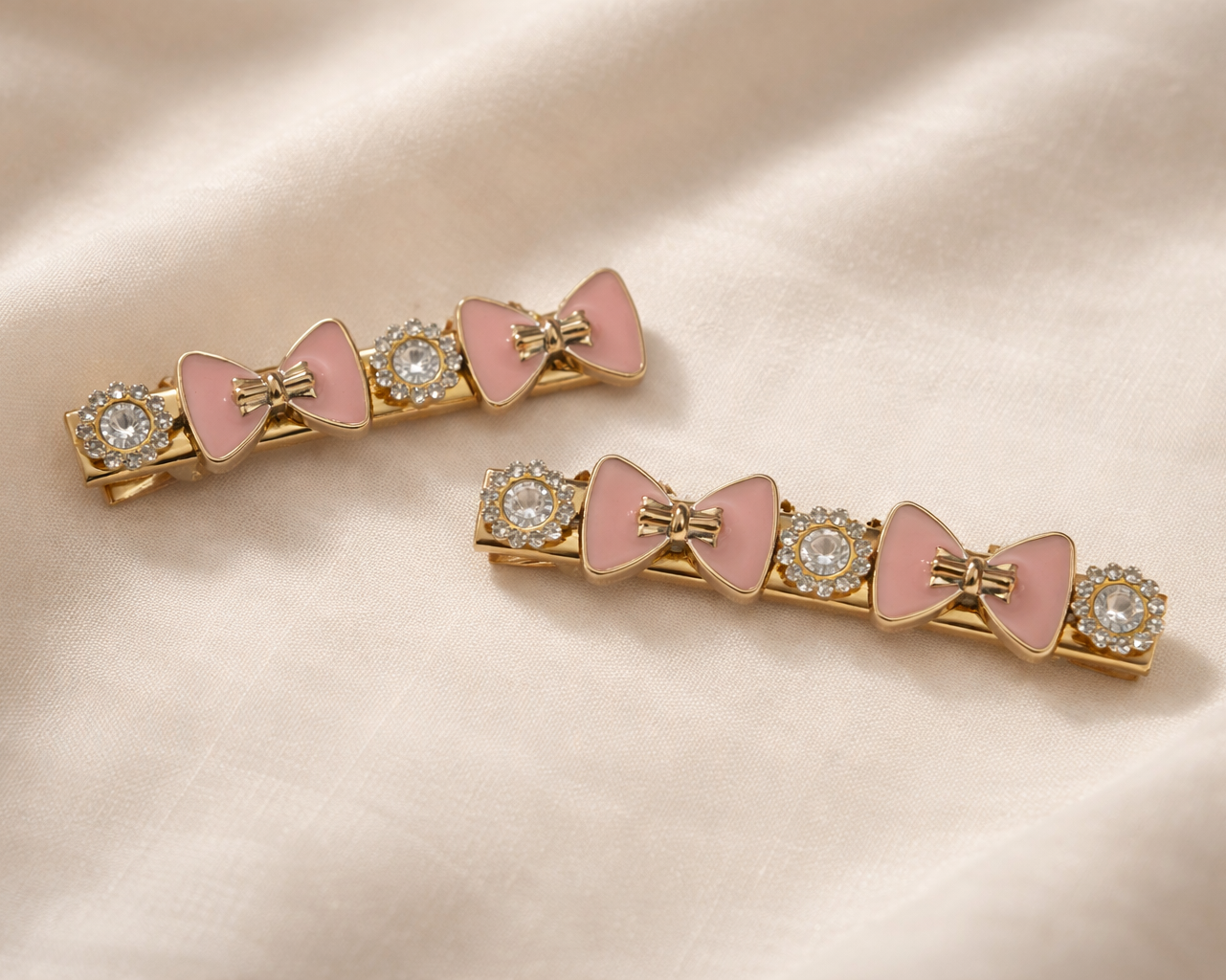 Pink Bow & Crystal Halo Hairpins