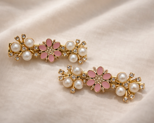 Pink Flora & Pearl Cluster Hairpins