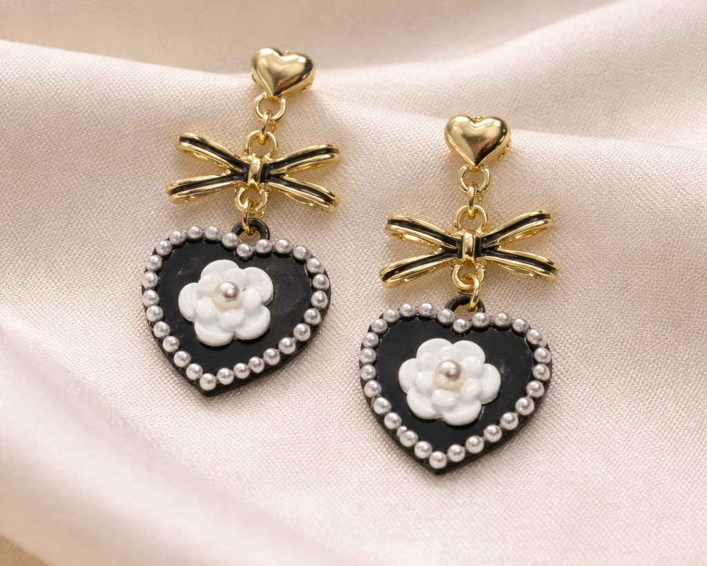Heart & Bow Floral Drop Earrings