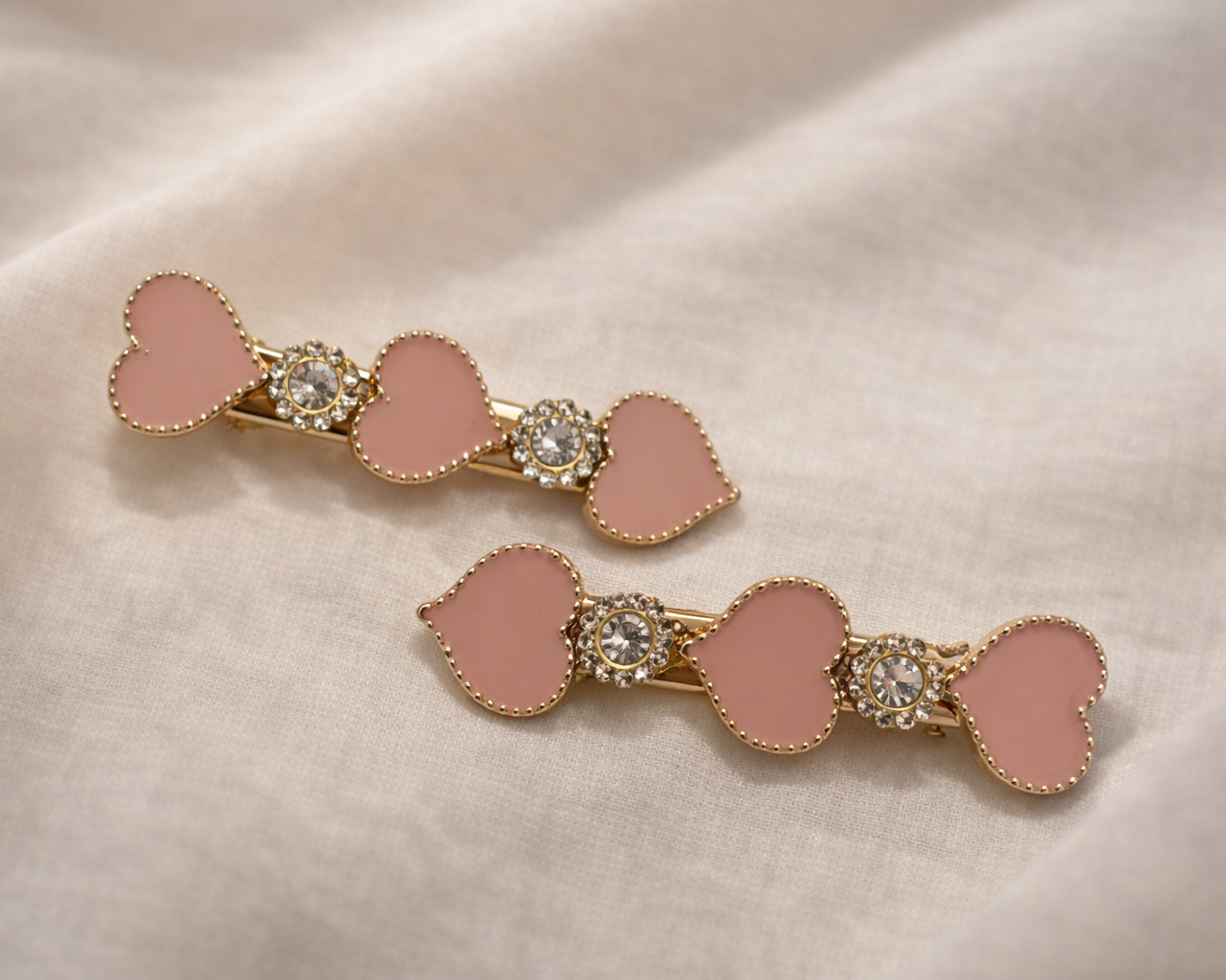 Romantic Enamel Heart & Crystal Gold-Tone Hair Clips (Set of 2)