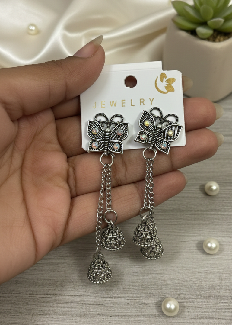 Oxidized Butterfly Jhumka Earrings with Dual Danglers