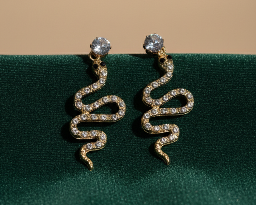 Gold Crystal Snake Drop Earrings
