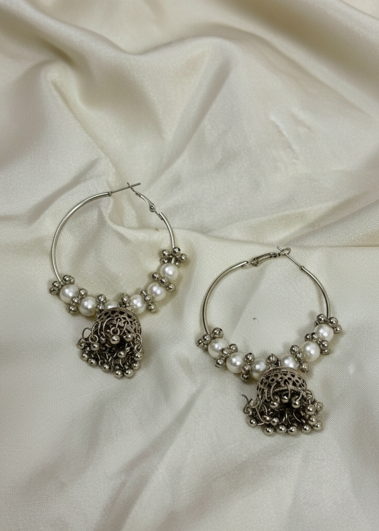 Pearl & Oxidized Hoop Jhumkas