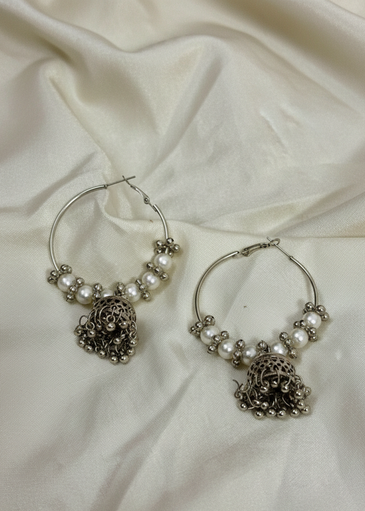 Pearl & Oxidized Hoop Jhumkas