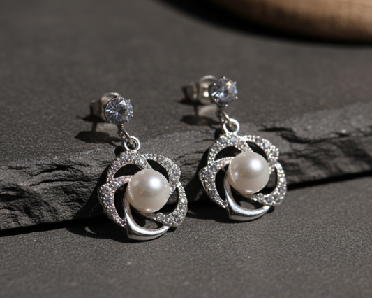 Sliver Pearl Crystal Drop Earrings